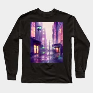 Lofi Aesthetic Rainy Japanese City Art Long Sleeve T-Shirt